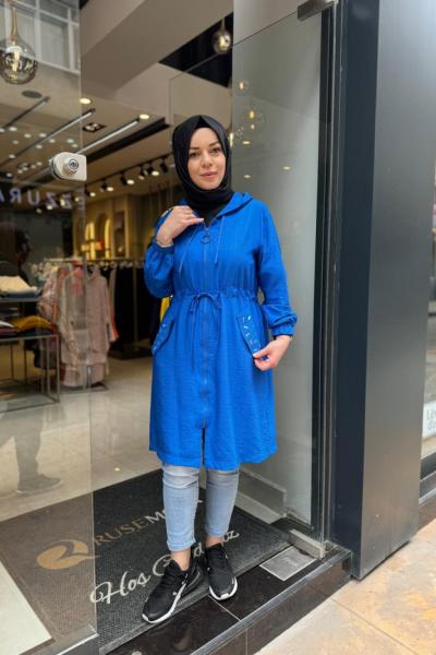 Kapüşonlu Önü Fermuarlı Kap  Saks Mavisi