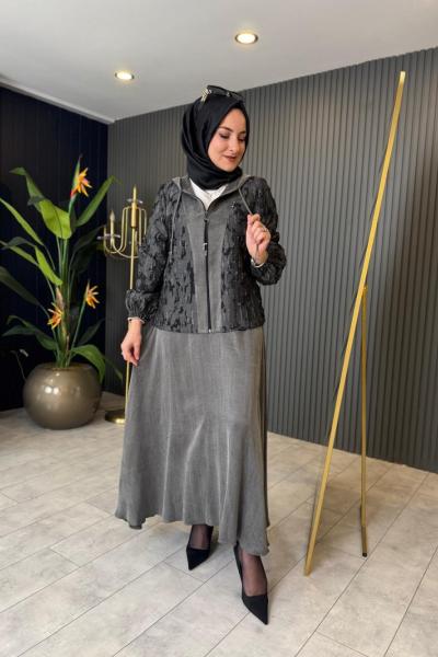 Kapüşonlu Cupra Etekli Takım Gri