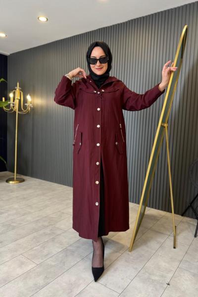 Kapüşonlu Zig Zag Dikişli Trençkot Bordo