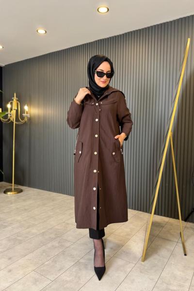 Kapüşonlu Zig Zag Dikişli Trençkot Kahverengi