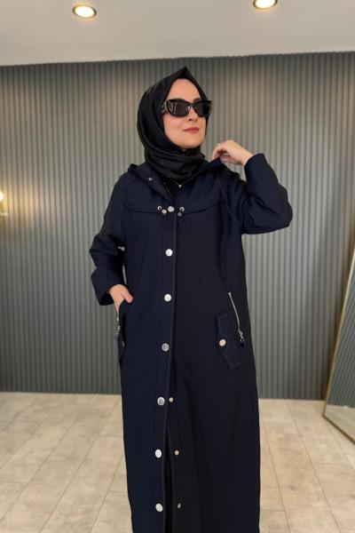 Kapüşonlu Zig Zag Dikişli Trençkot Lacivert