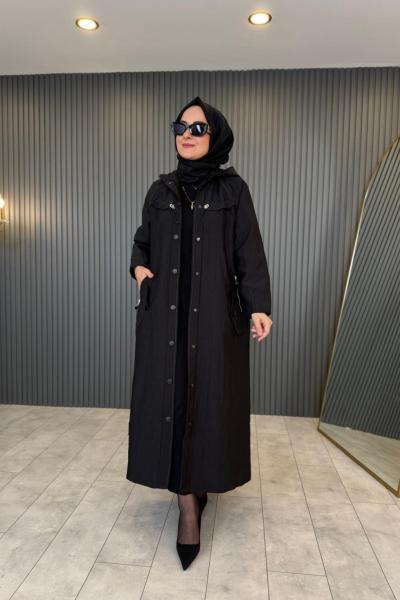 Kapüşonlu Zig Zag Dikişli Trençkot Siyah