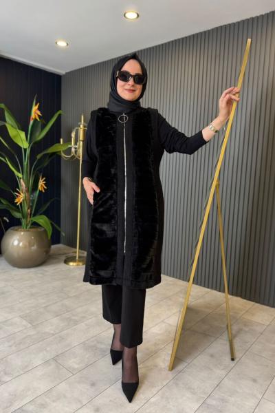 Keçe Çizgili Peluş Yelek Siyah