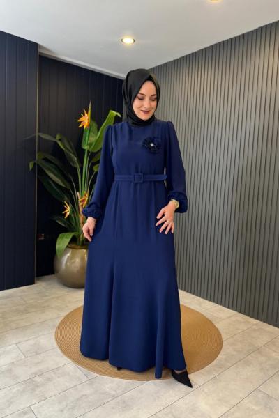 Kemerli Krep Elbise Lacivert