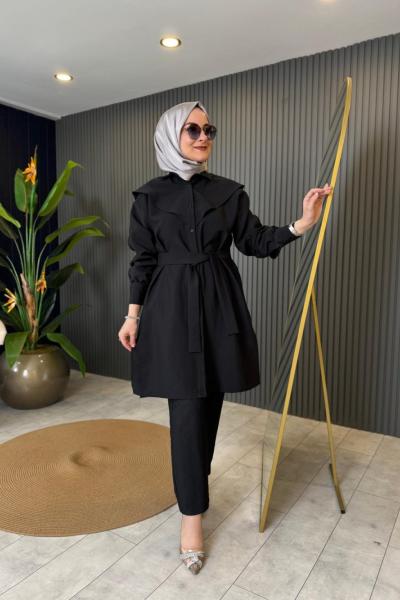 Keten Kupra Bağcık Detaylı Pantolonlu Takım Siyah