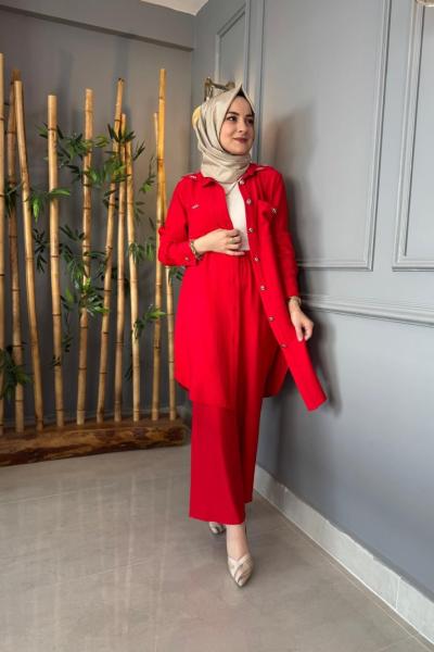 Keten Taşlı Pantolonlu Takım Kırmızı