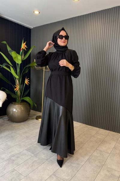 Kiana Deri Detaylı Krep Elbise Siyah