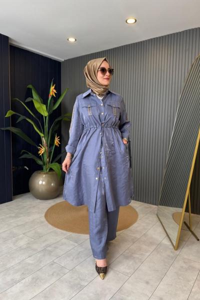 Kol Şerit Detaylı İkili Pantolon Takım  İndigo Mavi