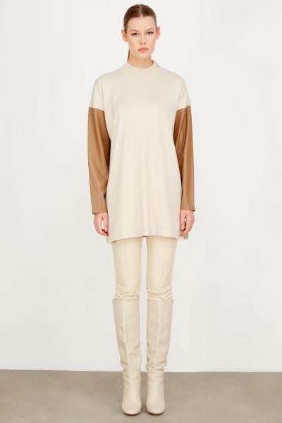 Kolları Deri Detaylı Tunik Bej