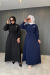 Kolları Lastikli Kraş Elbise Lacivert