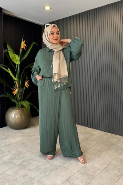 Kolları Lastikli Memory Kupra Pantolonlu Takım Yeşil