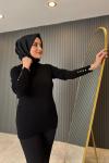 Kolları Metal Detaylı Balıkçı Yaka Triko Kazak Siyah