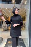 Kolları Tüy Detaylı Tunik Siyah
