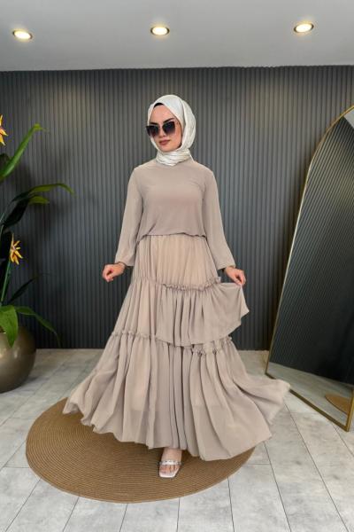 Kolu Şifon Garnili Etek Takım Bej