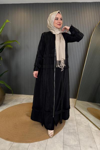 Kolu Ve Ön Bedeni Kafes Detaylı Fermuarlı Ferace Siyah