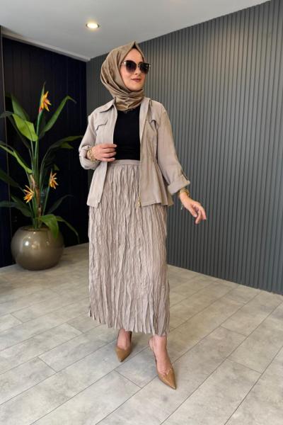 Kraşlı Etekli Takım Taş Rengi