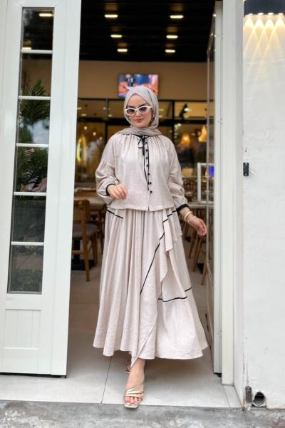 Kurdale Detaylı  Ribanalı Takım Taş Rengi