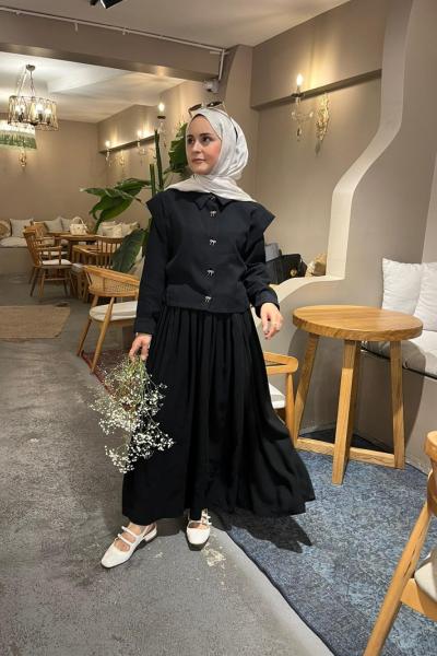 Kurdele Detaylı Etekli Takım Siyah