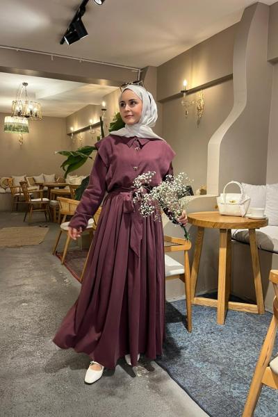 Kurdele Detaylı Etekli Takım Mürdüm