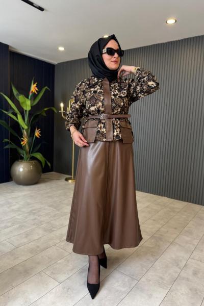 Leopar Ve Deri Detaylı Etekli Takım Acıkahve