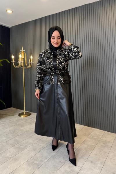 Leopar Ve Deri Detaylı Etekli Takım Siyah