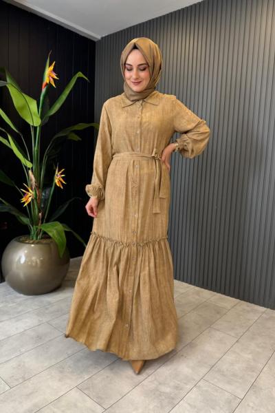 levidor Önü Düğmeli Elbise Camel