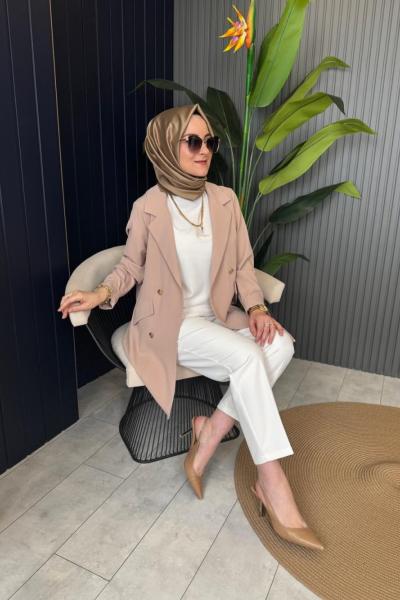 Linda Çift  Düğmeli Ceket Bej