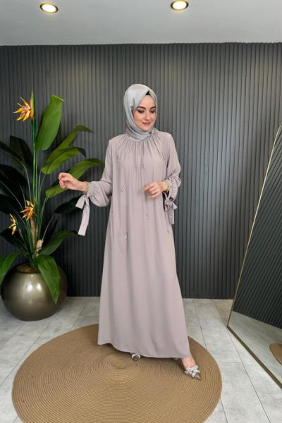 Manşeti Bağcık Detaylı Elbise Vizon