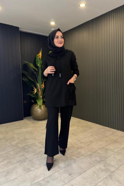 Ohan Güpür İşlemeli Ceket Elbise Siyah