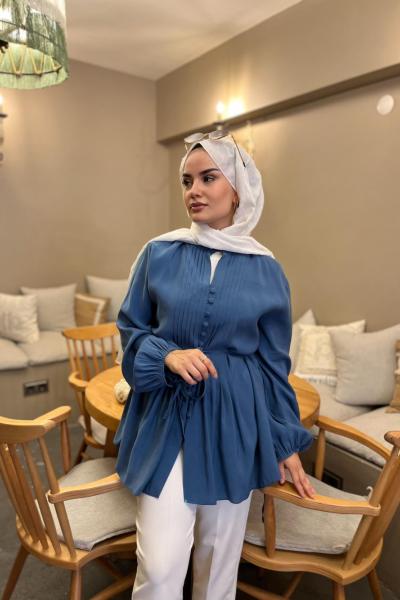 Nervür Detaylı Gömlek İndigo Mavi