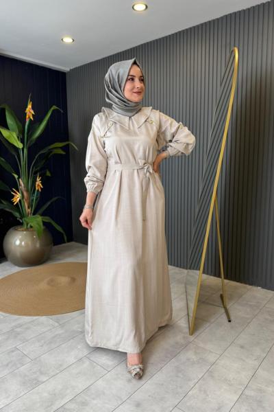 Omuz Detaylı Elbise Taş Rengi