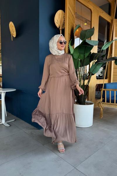 Ön Aller Bağlama Detaylı Memory Kupra Elbise Kakao