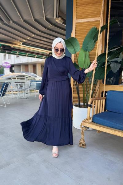 Ön Aller Bağlama Detaylı Memory Kupra Elbise Lacivert