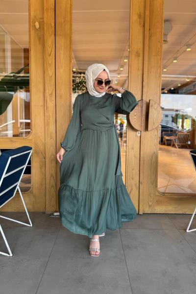 Ön Aller Bağlama Detaylı Memory Kupra Elbise Yeşil