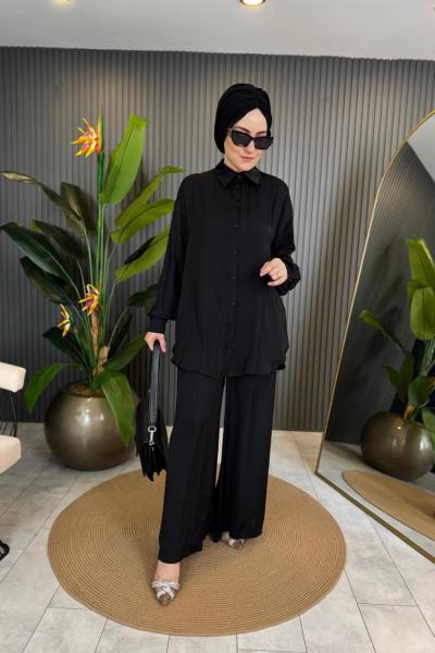 Önden Düğmeli Pantolonlu Tunik Takım Siyah