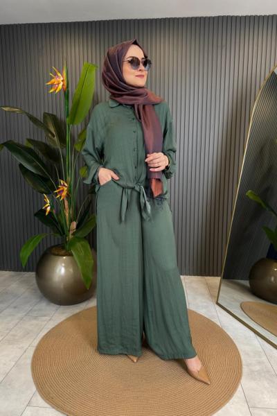 Önden Düğmeli Pantolonlu Tunik Takım Yeşil