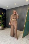 Önden Düğmeli Pantolonlu Tunik Takım Camel