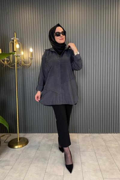 Önden Düğmeli Uzun Cep Detaylı Tunik Antrasit