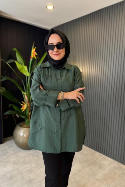 Önden Düğmeli Uzun Cep Detaylı Tunik Haki