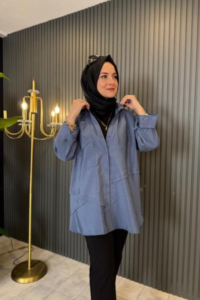 Önden Düğmeli Uzun Cep Detaylı Tunik İndigo Mavi