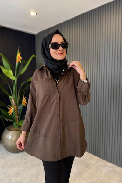Önden Düğmeli Uzun Cep Detaylı Tunik Kahve