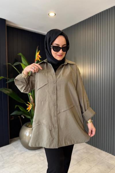 Önden Düğmeli Uzun Cep Detaylı Tunik Yeşil