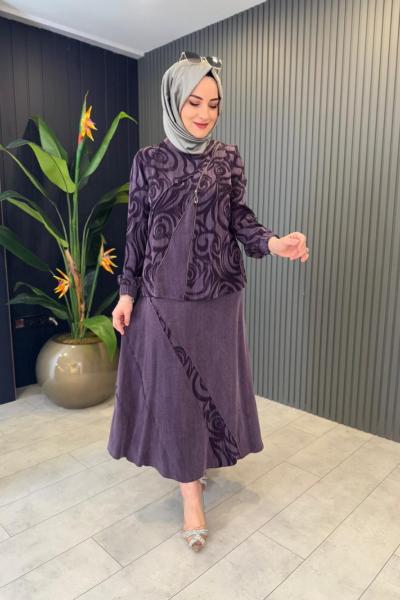 Önü Fermuar Detaylı Qupra Takım Mürdüm