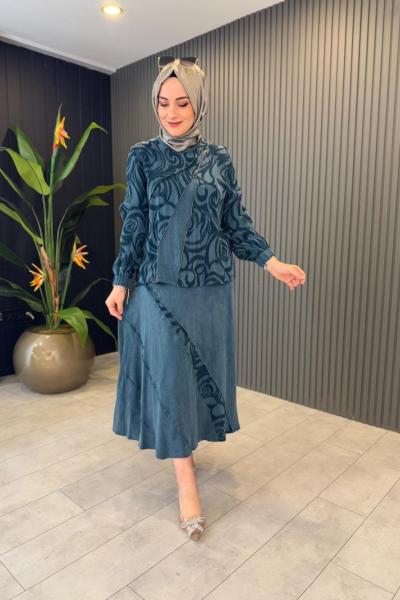 Önü Fermuar Detaylı Qupra Takım Petrol Mavisi