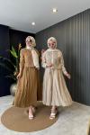Önü Güpür Eteği Şeritli Takım Camel