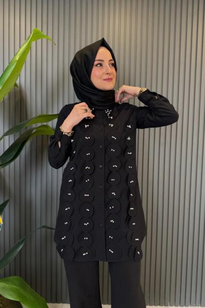 Önü Taş ve Fırfır Detaylı Tunik Siyah