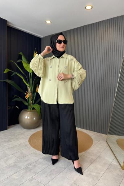 Önü Taşlı Plise Vien Bluz Çağla Yeşili