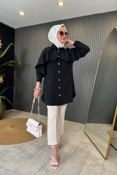 Önü Volanlı Gömlek Siyah