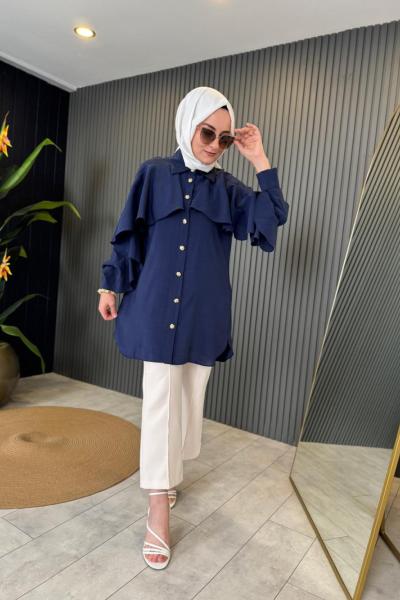 Önü Volanlı Gömlek Lacivert
