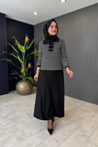 Orhan Çizgili Bluzlu Etekli Takım Siyah